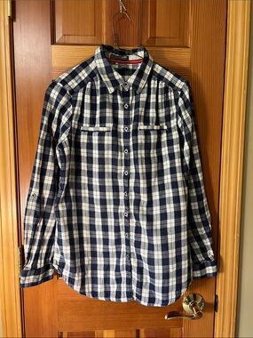 Sandra Women’s Navy and White Plaid Button-Down Shirt